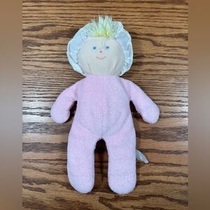 Vintage EDEN Terry Cloth Pink Soft Doll Gingham Bonnet Plush Blonde Yarn Hair
